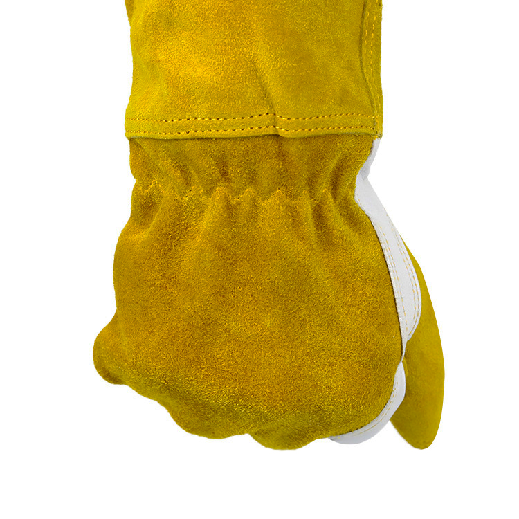 Guante de jardín de cuero de vaca amarillo, palma acolchada, codo, manga larga, evita perforaciones, el tamaño se adapta a la mayoría de los guantes