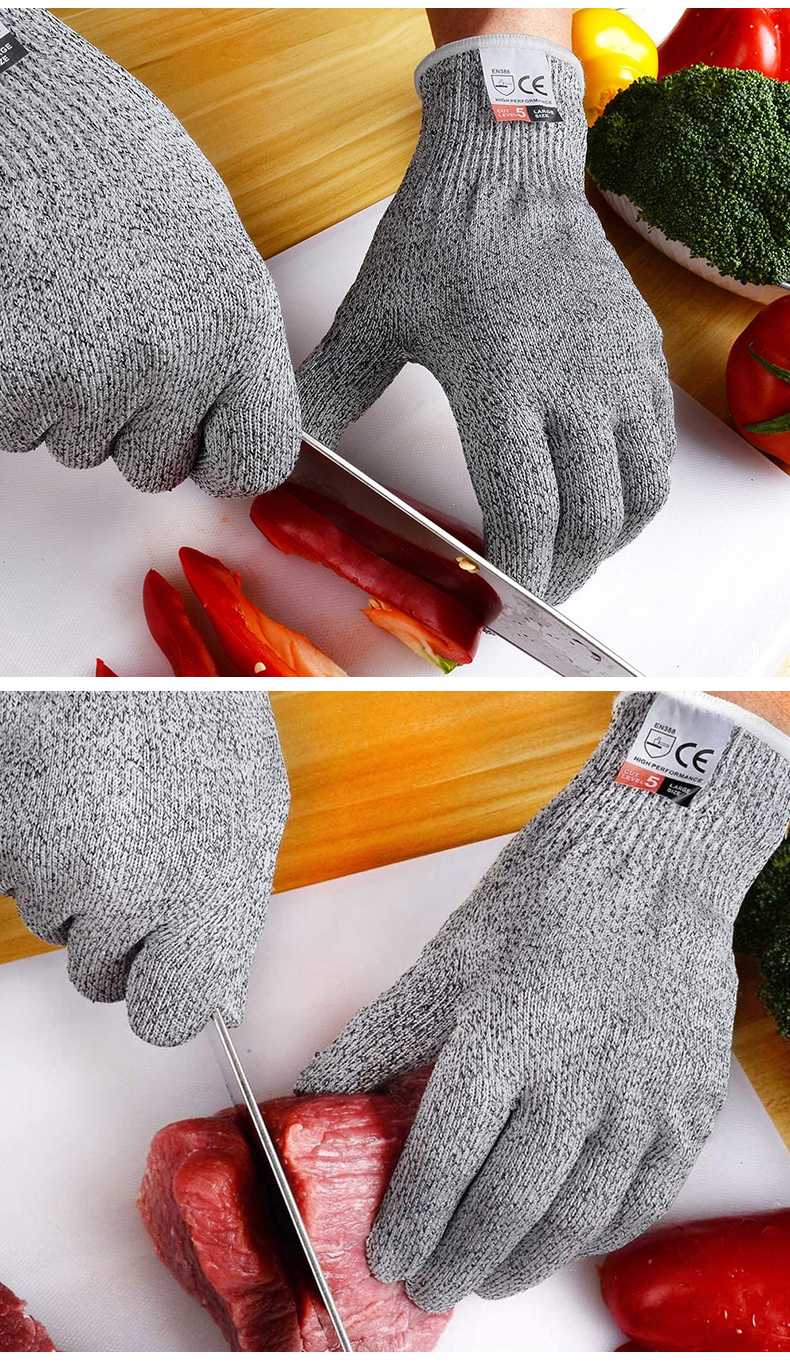 Seamless 13G Knitted HPPE Level 5 Cut Resistant Food Grade Handschoenen Keuken foar it behanneljen fan glês-02