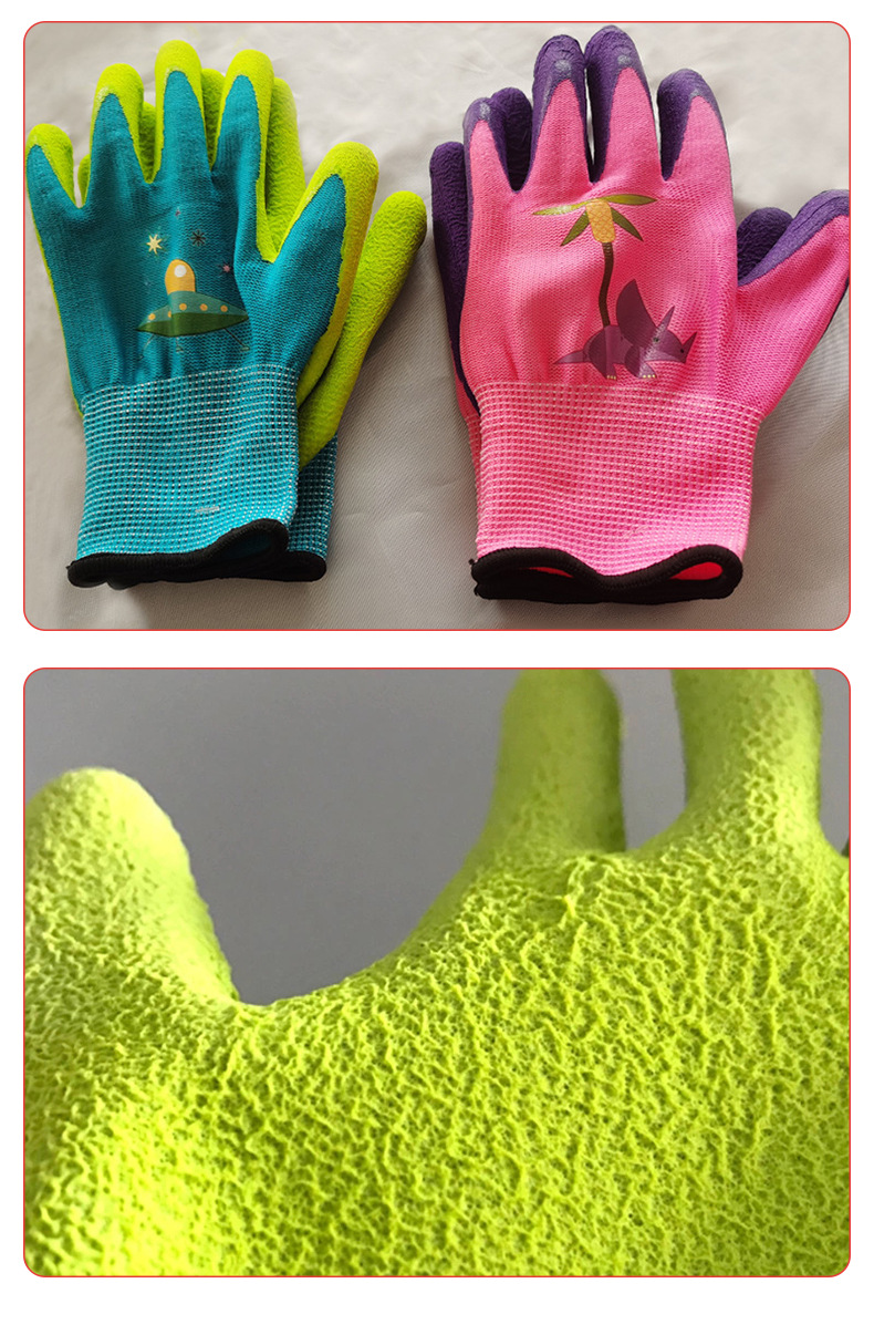 Kind ademende latex dompelhandschoen buitenspeelhandschoen met cartoon dinosaurusprint geel blauw schattige beschermingshandschoen-04