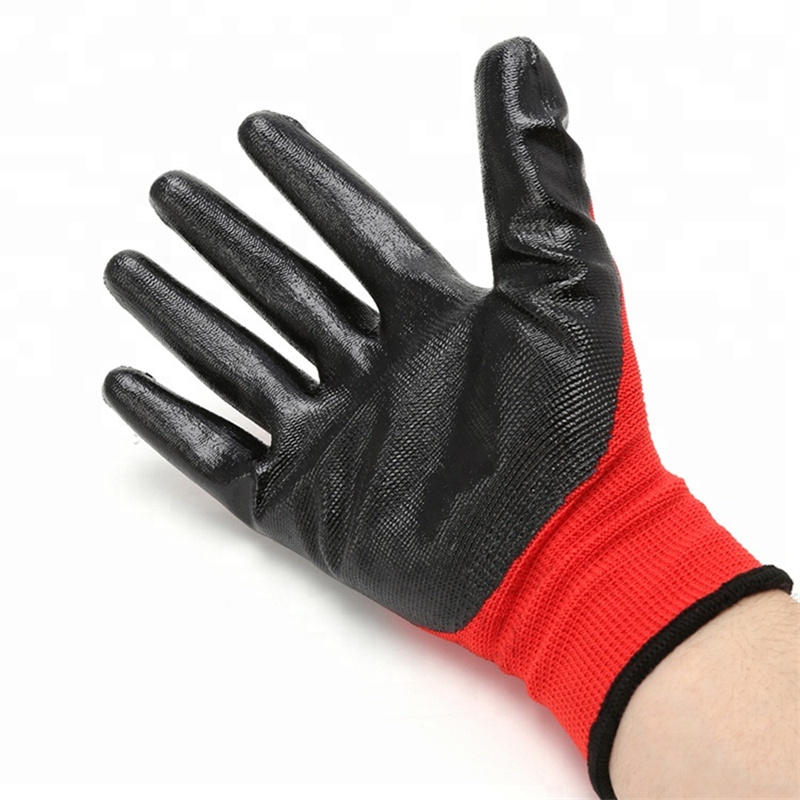 Red Polyester Knitted Black Smooth Nitrile Coated Working Gloves