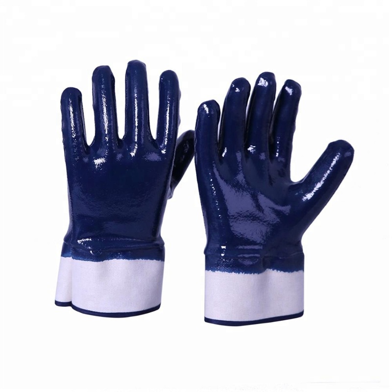 Feiligensmanchet Predator Acid Oal-proof Blauwe Nitril Dipped Handschoenen mei Anti-Slip Dots