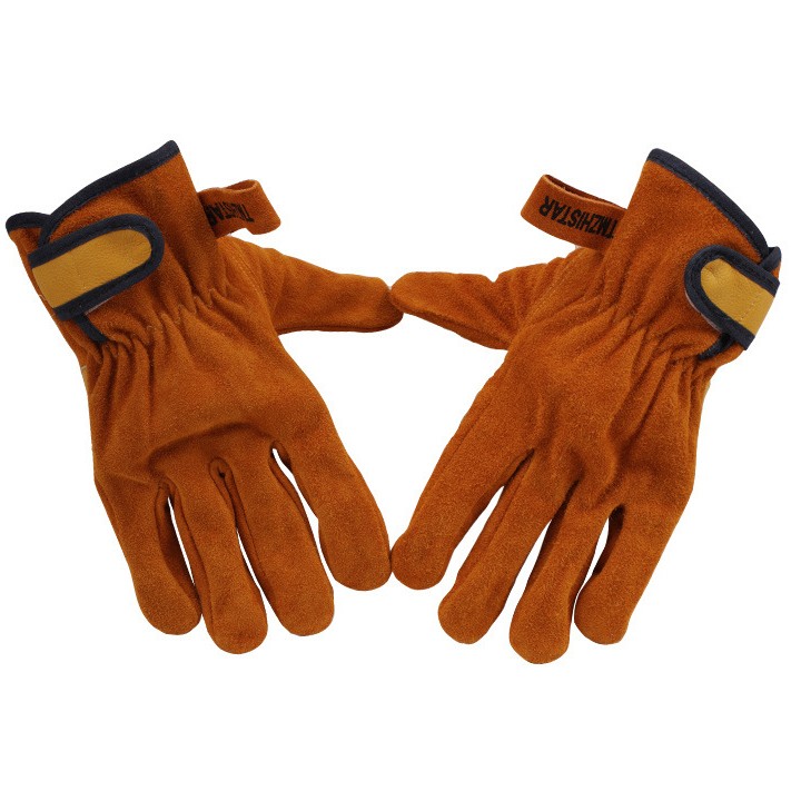 Pfekai Resistant Elastic Wrist Brown Cowhide Driver Leather Work Gloves