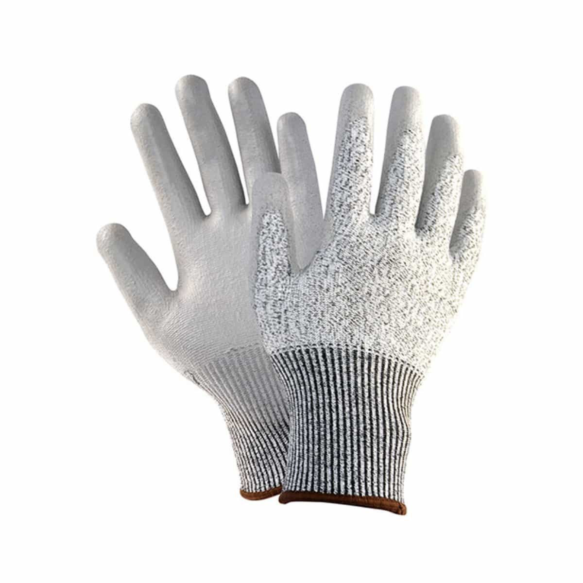 13 រង្វាស់ប្រផេះ PU Palm Coated Cut Resistance Glove