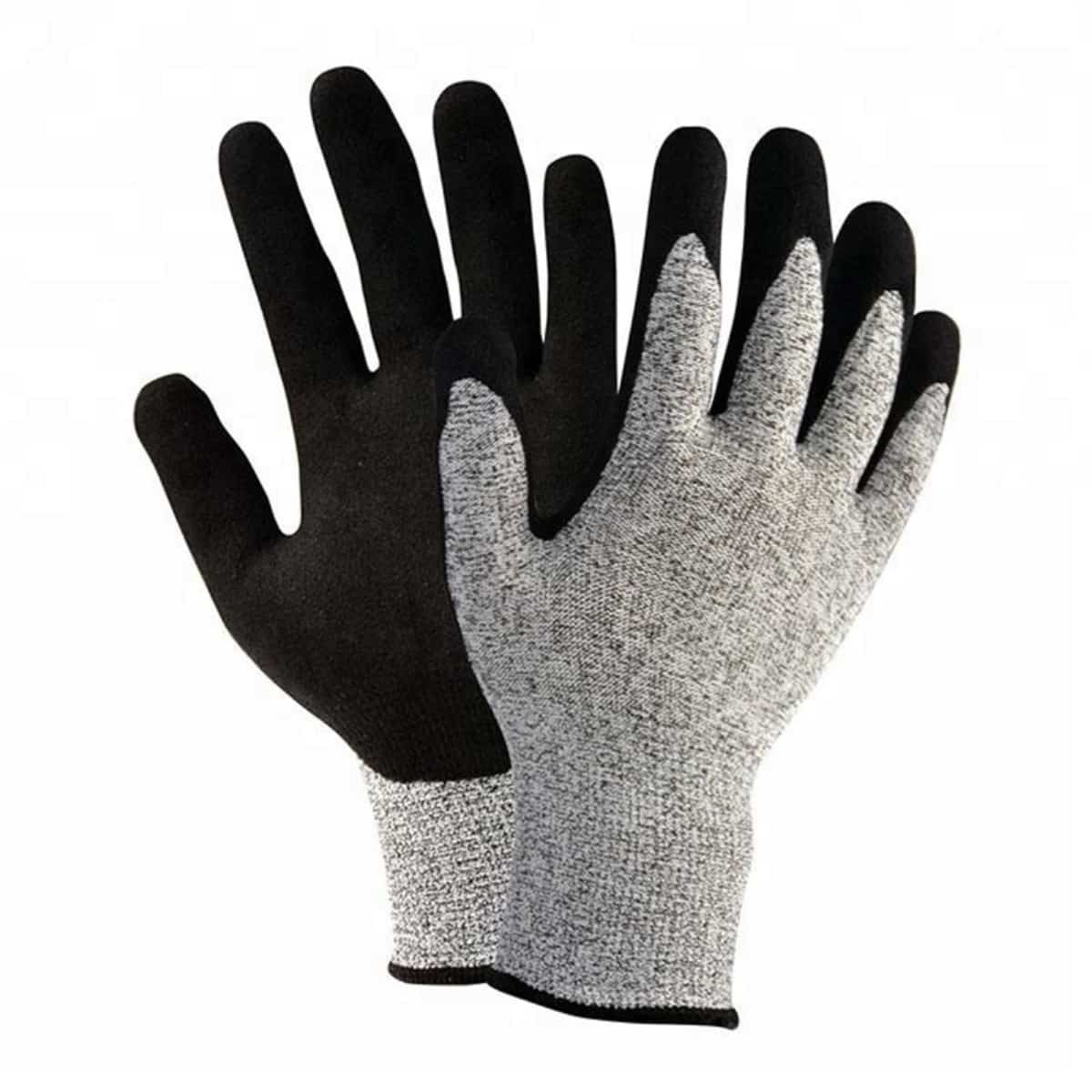 دستکش 13 گرمی HPPE مقاوم در برابر برش صنعتی با پوشش شنی نیتریل نخل