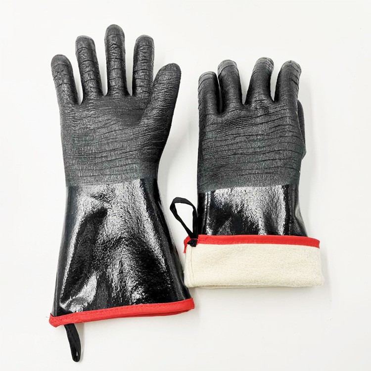 Lång värmebeständig handske för grill Vattentät brandsäker oljebeständig svart neopren förtjockningshandskar