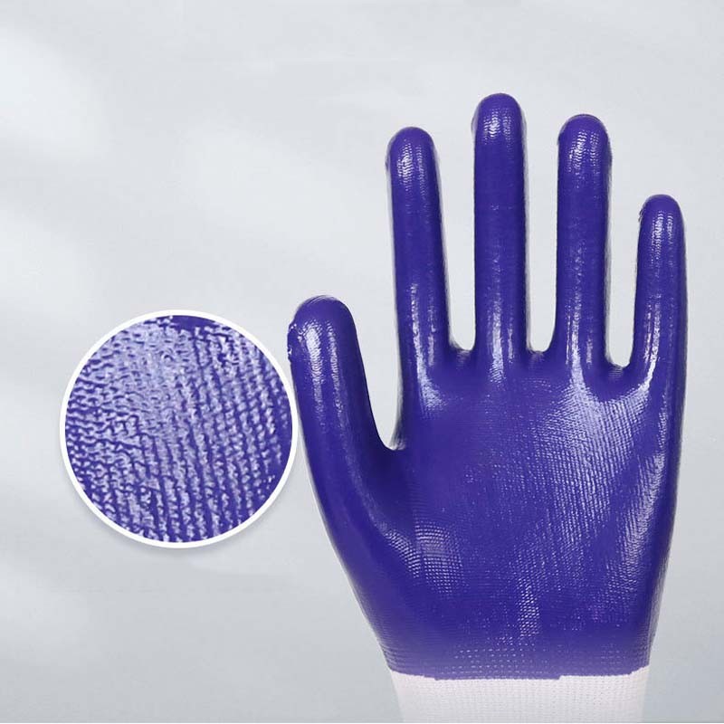 Guantes de trabajo con recubrimiento completo de nitrilo de color púrpura OEM de poliéster 13g