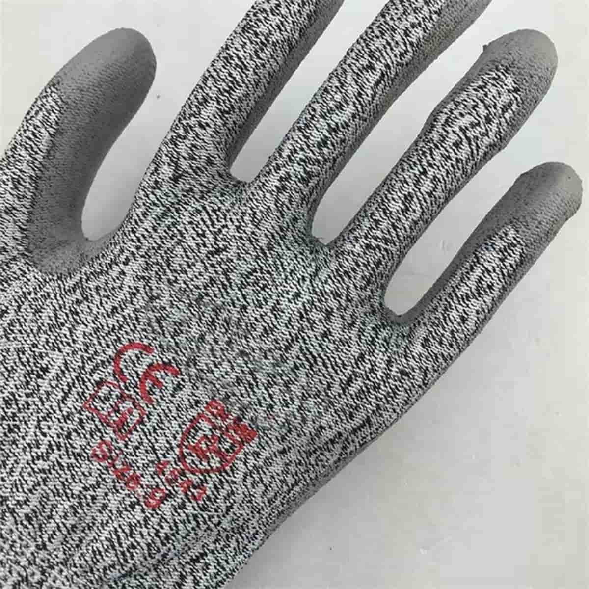 13 Gauge HPPE կտրվածքի դիմացկուն մոխրագույն PU ծածկույթով ձեռնոցներ աշխատանքային պաշտպանության համար