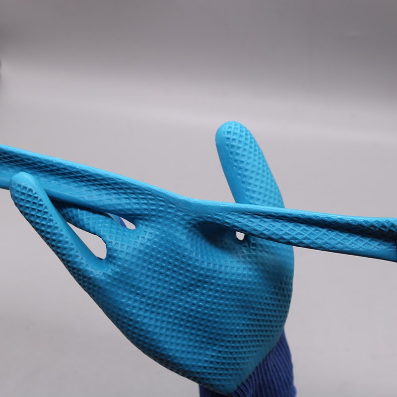 13 Gauge Blue Polyester Lining Tekstur Palm Anti Slip Grip Dilapisi karo Sarung Tangan Lateks