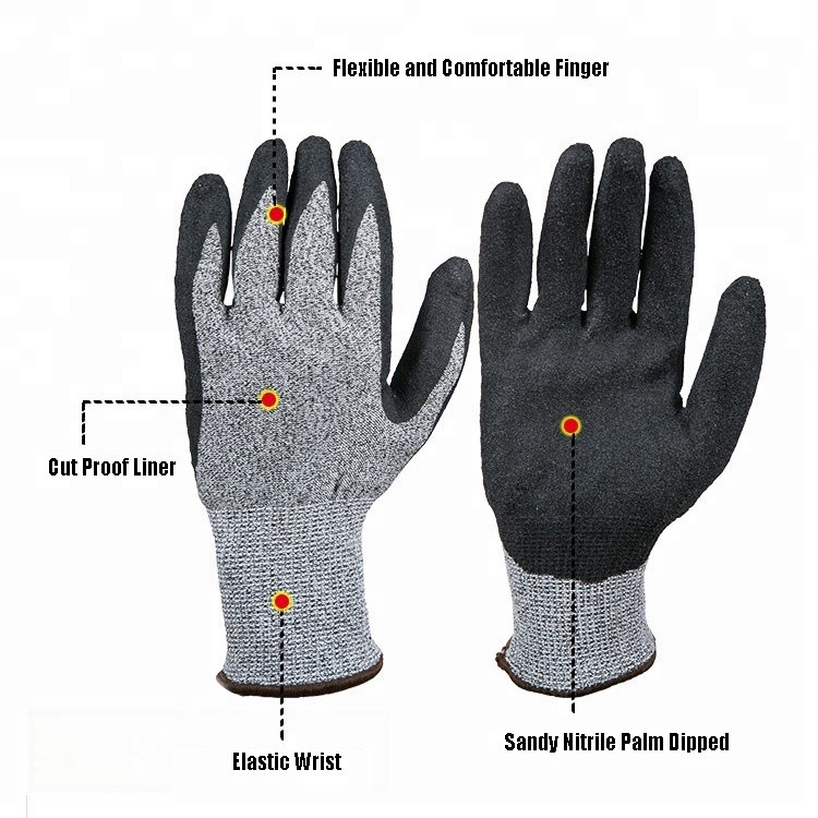 دستکش های با کیفیت بالا و مقاوم در برابر برش سیاه و سفید با پوشش نیتریل شنی دستکش های صنعت نفت