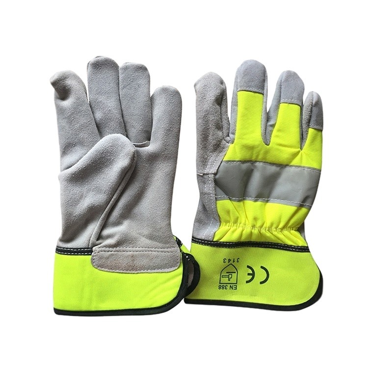 en388 en420 Fluorescent Yellow Reflections Cowhide Safety Gloves CE guantes de seguridad cuero