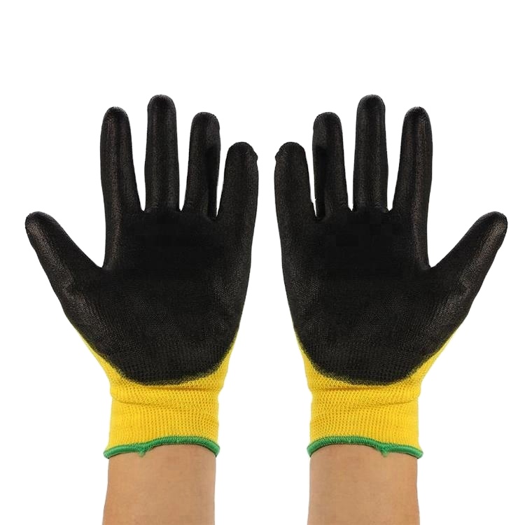 Black PU Dipped Yellow Polyester Work Gloves Custom Bugawa tare da Logo