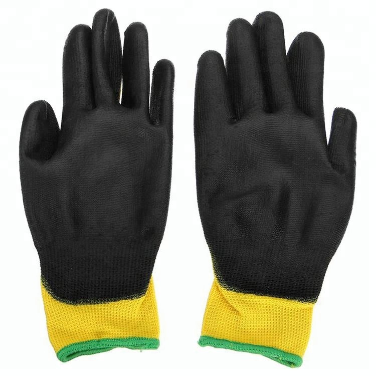 Чорні жовті поліестерові робочі рукавички з поліуретановою фарбою з логотипом