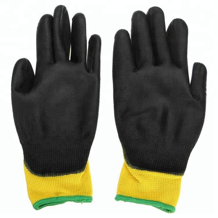 Black PU Dipped Yellow Polyester Work Gloves Custom Printed with Logo