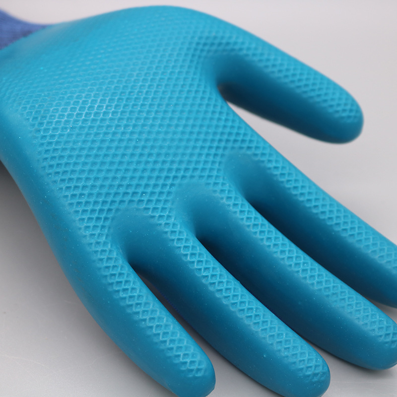 Forro de poliéster azul calibre 13, palma texturizada, agarre antideslizante recubierto con guantes de látex