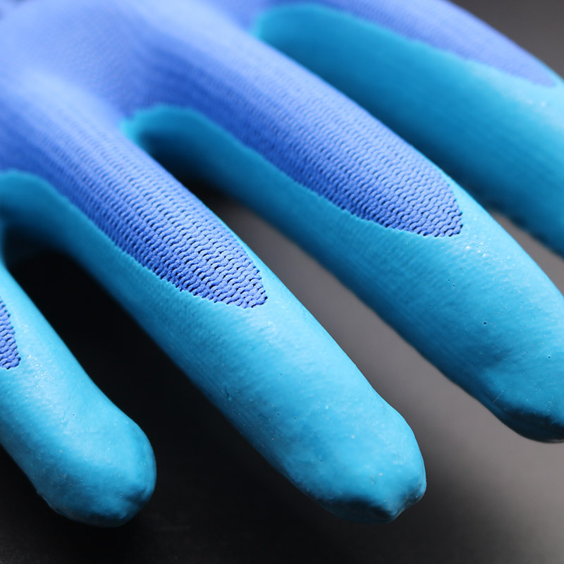 Forro de poliéster azul calibre 13, palma texturizada, agarre antideslizante recubierto con guantes de látex