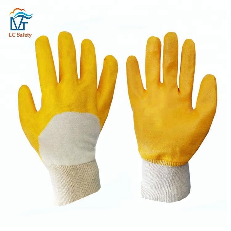 Spot Goods Theko e Molemohali ea Fektheri e Yellow Smooth Nitrile Half Coated Jersey Gloves