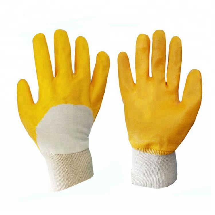 Spot Goods – gants en Jersey à moitié enduits de nitrile lisse jaune, meilleur prix d'usine
